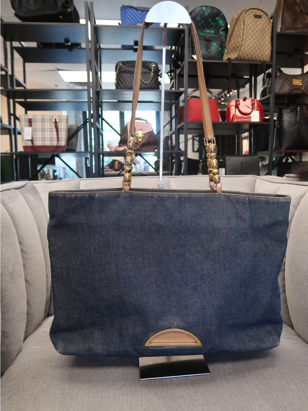 Women's Denim Tote Bag with Brown Leather Handles